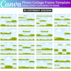 May include: A Canva photo collage frame template with 50 different designs. Each design features a landscape scene with green hills, blue skies, and white clouds. The Canva logo is in the upper left corner.
