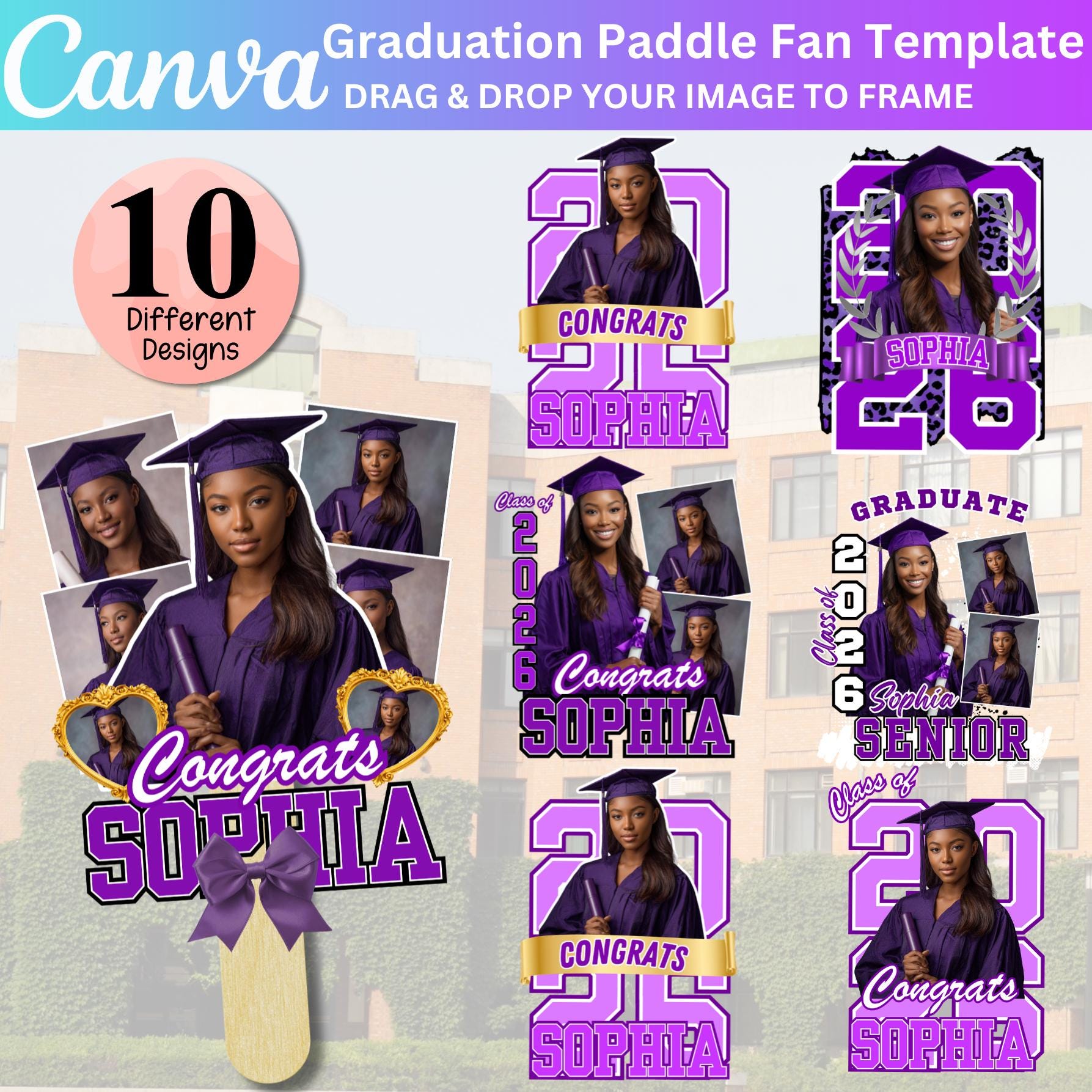 10 Purple Grad Fan Canva Editable Template, Custom Graduation Paddle ...