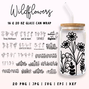 Vidro de flores silvestres pode embrulhar SVG, vidro de flores silvestres de 16 onças e 20 onças, lata completa embrulhar svg, vidro Libbey de flores silvestres, flor svg, flores silvestres png