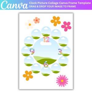 May include: A printable clock template with a green and blue landscape design. The clock face is divided into 12 sections, each with a space for a photo. The template is decorated with colorful flowers.