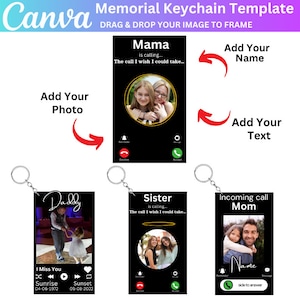 Canva-Bearbeitbares Bundle mit 11 Gedenk-Schlüsselanhängern, individueller Foto-Schlüsselanhänger, Anruf vom Himmel, In liebevoller Erinnerung, Der Anruf, den ich gerne machen könnte