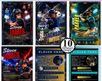 Plantilla de Canva para 10 tarjetas de jugadores de béisbol, tarjetas deportivas coleccionables de doble cara editables, tarjeta de cumpleaños de béisbol, diseño personalizado de tarjetas deportivas por ambos lados.