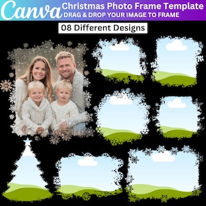 Puede incluir: Una plantilla digital de marco de fotos navideño con ocho diseños diferentes. La plantilla de Canva incluye marcos con diseños de copos de nieve y árboles, y marcos con un cielo azul y un paisaje verde. La plantilla incluye el texto "DRAG & DROP YOUR IMAGE TO FRAME".