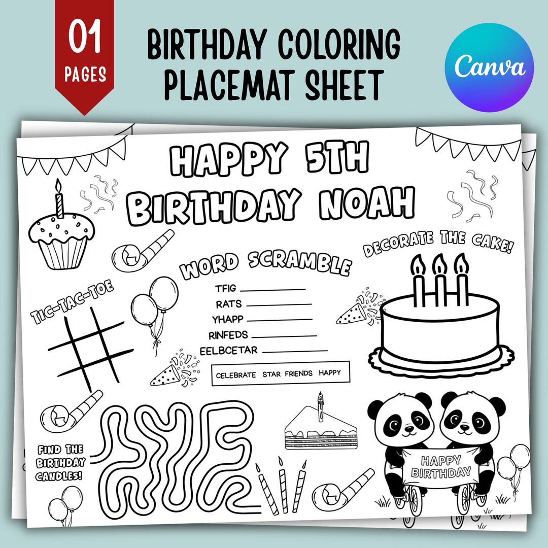 Birthday Coloring Placemat for Kids, Personalized Kids Activity ...