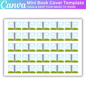 Puede incluir: Una plantilla para una portada de mini libro con 36 marcos de imagen. Cada marco presenta una escena de paisaje simple con un árbol gris, hierba verde y un cielo azul con nubes blancas.