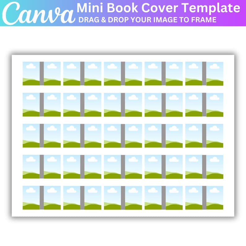 May include: A template for a mini book cover with 36 image frames. Each frame features a simple landscape scene with a gray tree, green grass, and a blue sky with white clouds.