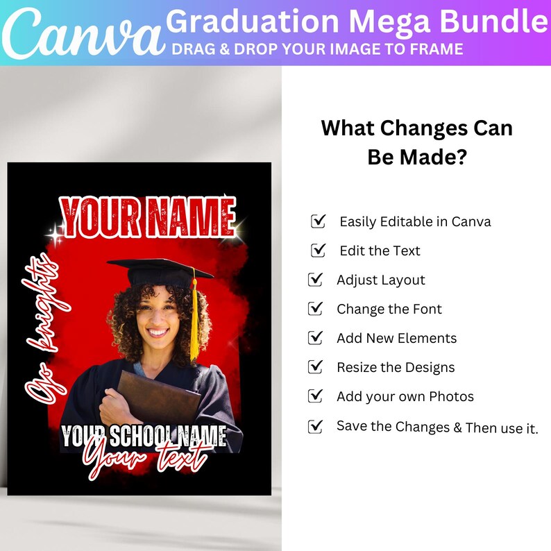 K&ouml;nnte beinhalten: Eine rote und schwarze Vorlage f&uuml;r eine Graduation-Ank&uuml;ndigung mit einem Foto einer Frau in Kappe und Robe. Der Text "YOUR NAME" und "YOUR SCHOOL NAME" ist in der Vorlage enthalten. Der Text "Go bright" ist vertikal auf der linken Seite der Vorlage geschrieben. Die Vorlage ist anpassbar und kann in Canva bearbeitet werden.