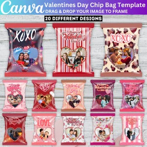 Puede incluir: Plantillas de bolsas de patatas fritas para el Día de San Valentín. Cada bolsa presenta un diseño único con formas de corazón, fotos y texto como "XOXO" y "Happy Valentine's Day". Las bolsas están disponibles en varios colores, incluyendo rojo, rosa y blanco.