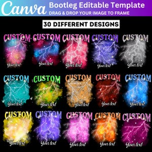 Könnte beinhalten: Ein Set mit 15 anpassbaren digitalen Designs, die ein Blitz-Motiv mit einem farbenfrohen Nebelhintergrund zeigen. Die Designs sind perfekt für die Erstellung von T-Shirts, Tassen, Handyhüllen und anderen personalisierten Artikeln. Jedes Design enthält den Text "CUSTOM" und einen Platz zum Hinzufügen Ihres eigenen Textes.