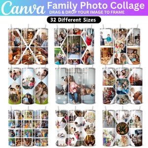 May include: A set of 32 different sized stainless steel tumblers with various family photo collages. The tumblers feature a variety of designs, including geometric shapes, paw prints, and a grid layout. The collages are made up of photos of families, friends, and pets.