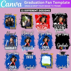 May include: Twelve different graduation fan designs featuring a blue, red, and black background with a white, gold, and black text overlay. The designs include the year 2025, the word "Graduate", and a space for a photo.