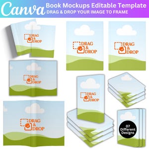 May include: A collection of book mockups with a blue sky and green landscape design. The mockups include stacks of books, open books, and individual book covers. The text "DRAG & DROP" is visible on each mockup, along with the Canva logo.