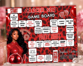 Juego de mesa de cumpleaños para la temporada de Cáncer Rojo, juego de cumpleaños con estampado de guepardo editable en Canva, actividad de cumpleaños astrológica, tabla para beber de la temporada de Cáncer