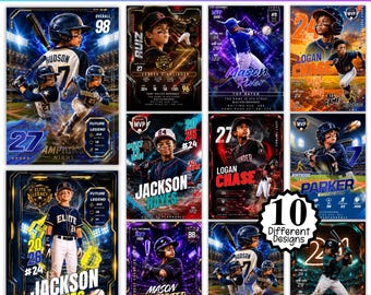 Plantilla de Canva para 10 tarjetas de jugadores de béisbol, tarjetas deportivas coleccionables de doble cara editables, tarjeta de cumpleaños de béisbol, diseño personalizado de tarjetas deportivas por ambos lados.
