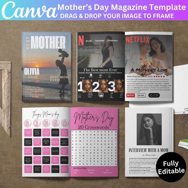 May include: A pink and white magazine template for Mother's Day. The cover features a photo of a woman and child on a beach. The inside pages include a bingo card, a crossword puzzle, and a Netflix-style movie listing. The text on the cover reads "Best Mom Ever".