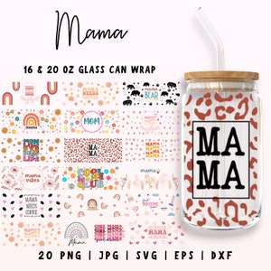 Può includere: Un set di 20 design digitali per involucri di lattine di vetro da 16 e 20 once. I design presentano vari motivi e testi, tra cui "Mama", "Mom", "Cool Moms Club", "Life is the best life", "Mama needs coffee" e "Girl Mama". I design sono in una varietà di colori, tra cui rosa, rosso, arancione, giallo, verde, blu e marrone. I design sono perfetti per personalizzare i tuoi involucri di lattine di vetro.