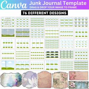 May include: A Canva Junk Journal Template with 76 different designs. The template includes various frames, backgrounds, and decorative elements. The text "DRAG & DROP YOUR IMAGE TO FRAME" is visible. The Canva logo is in the upper left corner.