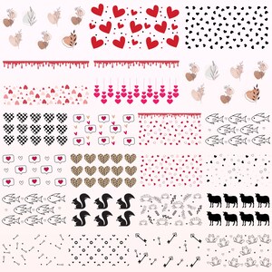 K&ouml;nnte beinhalten: Ein Set mit 16 digitalen nahtlosen Mustern mit verschiedenen Designs, darunter Herzen, Fische, Eichh&ouml;rnchen, Schl&uuml;ssel und florale Elemente. Die Muster sind in Schwarz, Wei&szlig;, Rosa und Rot.