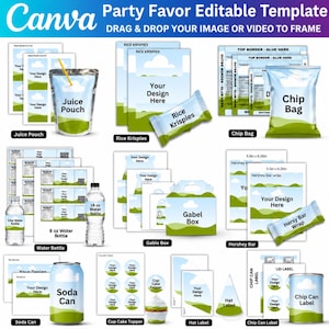 May include: A digital party favour editable template set featuring layouts for juice pouches, rice krispies, chip bags, water bottles, gable boxes, hershey bars, soda cans, cupcake toppers, hats, and chip cans with blue sky and green hill graphics.