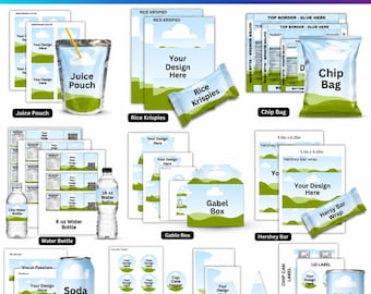 15 Party Favor Template Bundle, Canva Editable Chip Bag, Juice Pouch, Water Bottles, Rice Krispies Wraps & Treat Box Digital Download Set