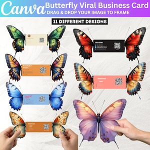 Könnte beinhalten: Eine Sammlung von Visitenkarten mit Schmetterlingsmotiven. Die Karten zeigen farbenfrohe Schmetterlingsflügel-Designs mit verschiedenen Farbschemata. Der Text "Canva Butterfly Viral Business Card" und "11 DIFFERENT DESIGNS" ist sichtbar. Einige Karten enthalten Geschäftsdetails.