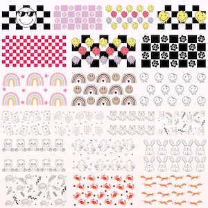 K&ouml;nnte beinhalten: Ein Set mit 16 digitalen nahtlosen Mustern mit verschiedenen Designs, darunter Smiley-Gesichter, Regenb&ouml;gen, Karomuster, Blumen und Tiere. Die Muster sind in Schwarzwei&szlig;, Rosa, Rot, Gelb, Blau und Gr&uuml;n.