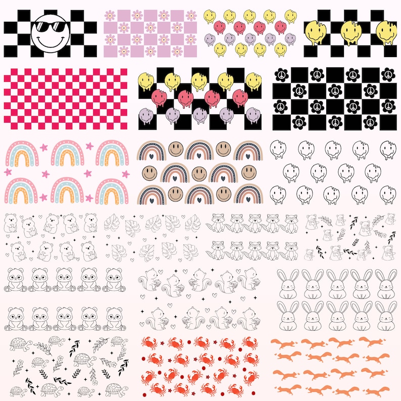 K&ouml;nnte beinhalten: Ein Set mit 16 digitalen nahtlosen Mustern mit verschiedenen Designs, darunter Smiley-Gesichter, Regenb&ouml;gen, Karomuster, Blumen und Tiere. Die Muster sind in Schwarzwei&szlig;, Rosa, Rot, Gelb, Blau und Gr&uuml;n.