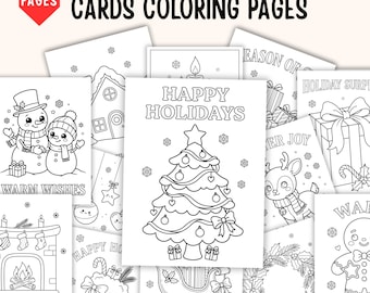 18 Christmas Coloring Cards Printable, Kids Holiday Greeting Cards, Santa Christmas Card Craft, Winter Classroom Activity PDF Download