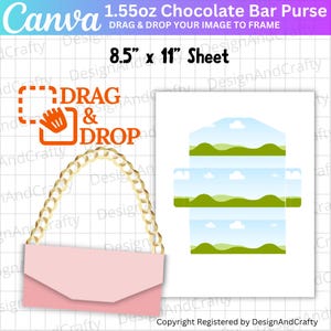 May include: A pink purse with a gold chain strap, designed to resemble a chocolate bar wrapper. The image includes a sheet with a landscape design and the text "8.5" x 11" Sheet". The text "DRAG & DROP" is also visible.