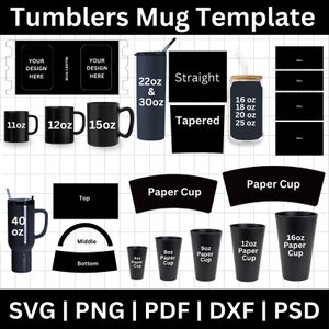 Tumbler Template Template Bundle, Paper Cup Wrapper Svg PSD DXF,  20oz, 30oz & 40oz Tumbler Template, Mug Template, Libbey Glass Template