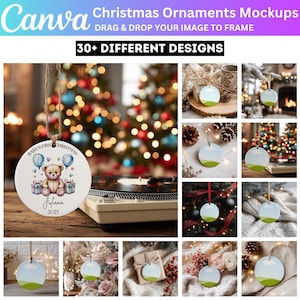Può includere: Mockup di ornamenti natalizi. L'immagine presenta una varietà di ornamenti rotondi con diversi design, tra cui un ornamento per il primo Natale del bambino con un orsacchiotto e palloncini. Il testo "30+ DIFFERENT DESIGNS" è visibile.