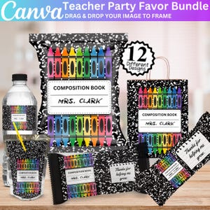 May include: Teacher party favor bundle featuring a composition book design with colorful crayons. Includes a water bottle, bag, and various treat wrappers. The text "MRS. CLARK" is visible on the labels. The image also includes the text "Thanks for helping me grow."