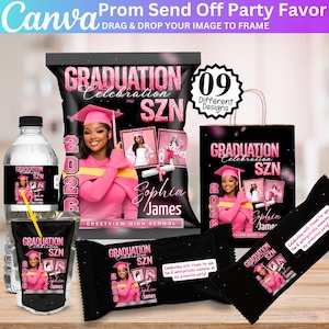 May include: A collection of graduation party favors, including a chip bag, gift bag, water bottle, juice pouch, and candy bar. The items feature a photo of a graduate in a pink cap and gown, with the text "Graduation Celebration SZN" and the graduate's name.
