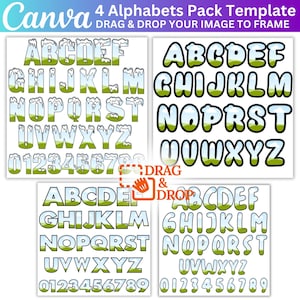 Puede incluir: Cuatro conjuntos de letras y números del alfabeto con un diseño de hierba verde y cielo azul. Las letras y los números son blancos con un contorno negro. Las letras y los números están en un estilo de dibujos animados.