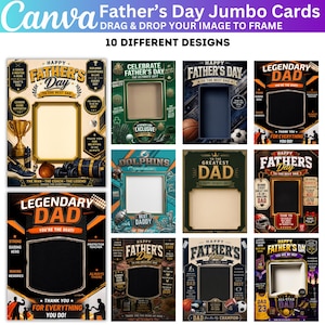 Op de afbeelding: Een verzameling van tien Vaderdag jumbo kaarten met verschillende ontwerpen. Elke kaart heeft een uniek frame met decoratieve elementen, waaronder sportuitrusting, trofeeën en tekst zoals "Happy Father's Day" en "Legendary Dad". De kaarten zijn ontworpen om gepersonaliseerd te worden.