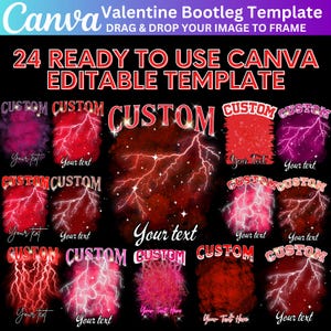 May include: 24 customizable Canva templates featuring a red and pink lightning bolt design with a galaxy background. The text "CUSTOM" appears multiple times on the image.