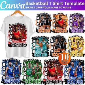 Peut inclure: T-shirt blanc avec un motif de basket-ball représentant un joueur tenant un ballon, le texte "Basketball 2026 Wilson Senior" et 10 modèles différents. L'image comprend le logo Canva.