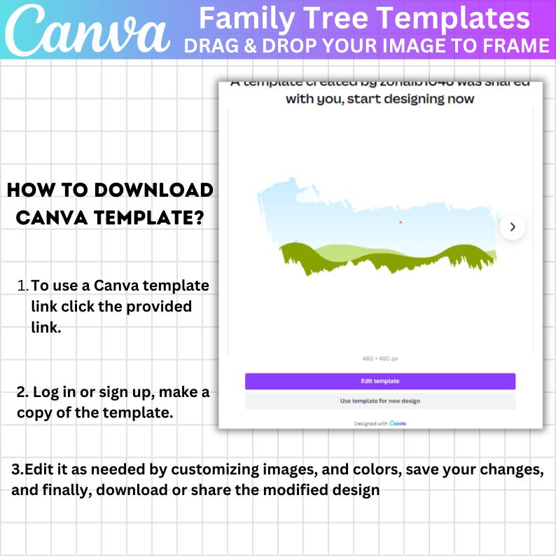 May include: A Canva template for a family tree with a green and blue landscape design. The text "DRAG & DROP YOUR IMAGE TO FRAME" is at the top of the template. The text "HOW TO DOWNLOAD CANVA TEMPLATE?" is on the left side of the template. The text "A template created by zonaiio-40 was shared with you, start designing now" is at the top of the template. The text "Edit template" is on a purple button. The text "Use template for new design" is below the button. The text "Designed with Canva" is below the button.