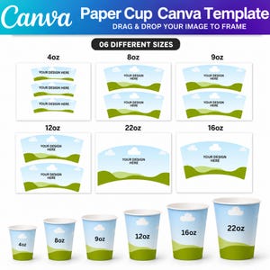Paper Cup Wrapper Template Bundle, Canva Editable Blank Paper Cup Wrap Template,  4oz- 8oz- 9oz- 12oz- 16oz - 22oz Coffee Cup Wrapper Canva