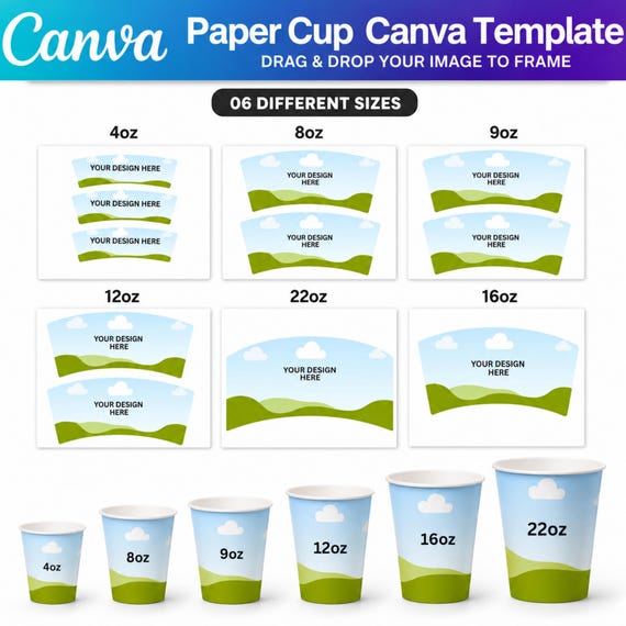Paper Cup Wrapper Template Bundle, Canva Editable Blank Paper Cup Wrap Template,  4oz- 8oz- 9oz- 12oz- 16oz - 22oz Coffee Cup Wrapper Canva
