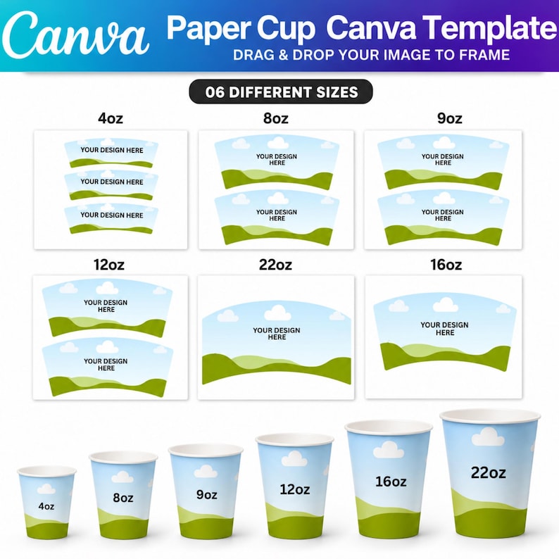 Paper Cup Wrapper Template Bundle, Canva Editable Blank Paper Cup Wrap Template, 4oz- 8oz- 9oz- 12oz- 16oz - 22oz Coffee Cup Wrapper Canva image 1