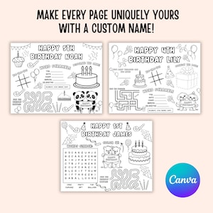 May include: Three black and white birthday activity sheets with the text "Happy Birthday" and custom names. Each sheet includes word scrambles, mazes, and coloring activities. The top text reads "Make every page uniquely yours with a custom name!"