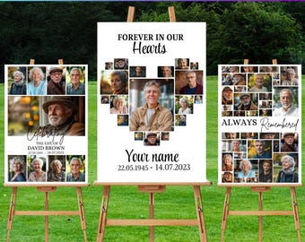 Set di 3 poster commemorativi a forma di cuore per collage di foto funebri, modello Canva modificabile, modello Canva per celebrare la vita in ricordo di qualcuno, poster commemorativo.
