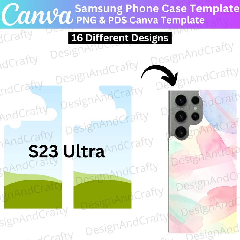 Op de afbeelding: Een Samsung S23 Ultra telefoonhoesjessjabloon met 16 verschillende ontwerpen. De afbeelding toont een telefoonhoesje met een aquarelontwerp in roze, blauw en groen. Het Canva-logo staat linksboven.