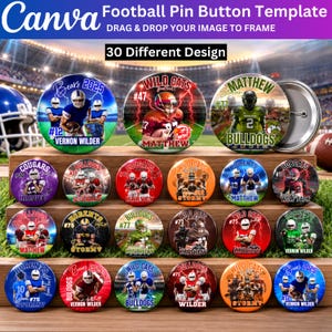May include: A collection of circular football pin button templates featuring various team names, player numbers, and graphic designs. The buttons display football players in uniforms, lightning effects, and text like 'Wild Cats' and 'Bulldogs' on a wooden display.