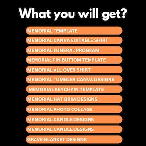 May include: Image with the text "What you will get?" followed by a list of memorial-themed templates and designs. The list includes templates for shirts, programs, pins, tumblers, keychains, hats, photo collages, candles, and grave blankets.