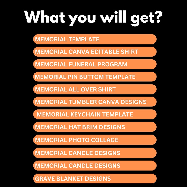 May include: Image with the text "What you will get?" followed by a list of memorial-themed templates and designs. The list includes templates for shirts, programs, pins, tumblers, keychains, hats, photo collages, candles, and grave blankets.