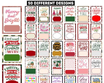 May include: A selection of 50 Christmas gift card book templates. Each card design includes festive text and decorative elements. Phrases include "Merry and Bright" and "I just want to watch Christmas movies". The templates are ready to use.