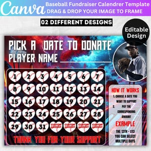 May include: A red, white, and blue baseball-themed calendar template with the text "Pick a Date to Donate" and "Player Name". The calendar features a baseball-shaped heart for each day of the month. The template also includes instructions on how to use the calendar and an example of how to donate.