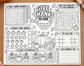 Fall Bible Activity Placemat, Christian Fall Printable, Sunday School Coloring Activity for Kids, Church, Bible Worksheet Activity Digtal